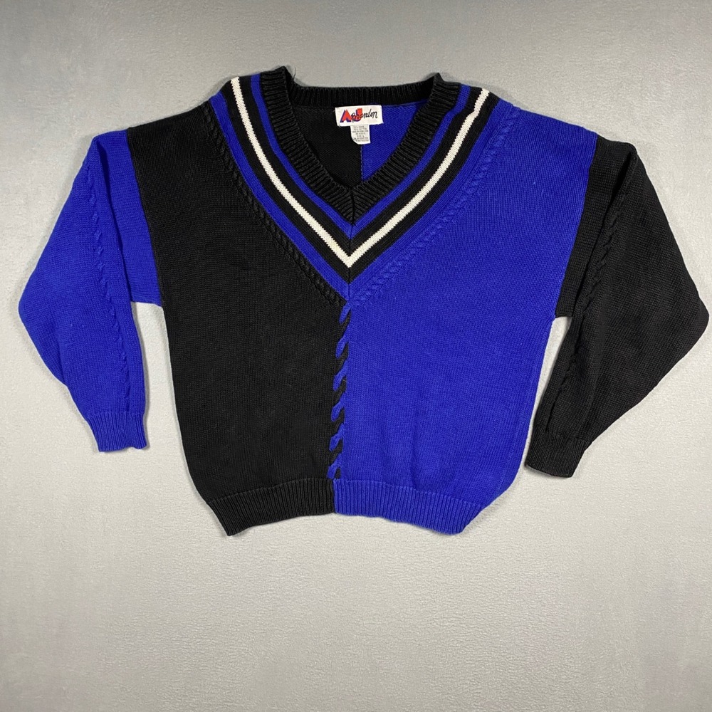 AJ Brandon Sweater Womens Large Blue Black Split Two Tone V-Neck Vintage 90s